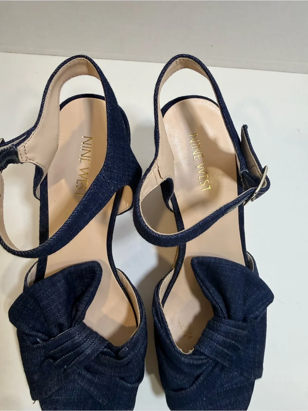 Nine West Womens 7.5 M Blue Denim Bow Cork Wedge Sandals Ankle Strap